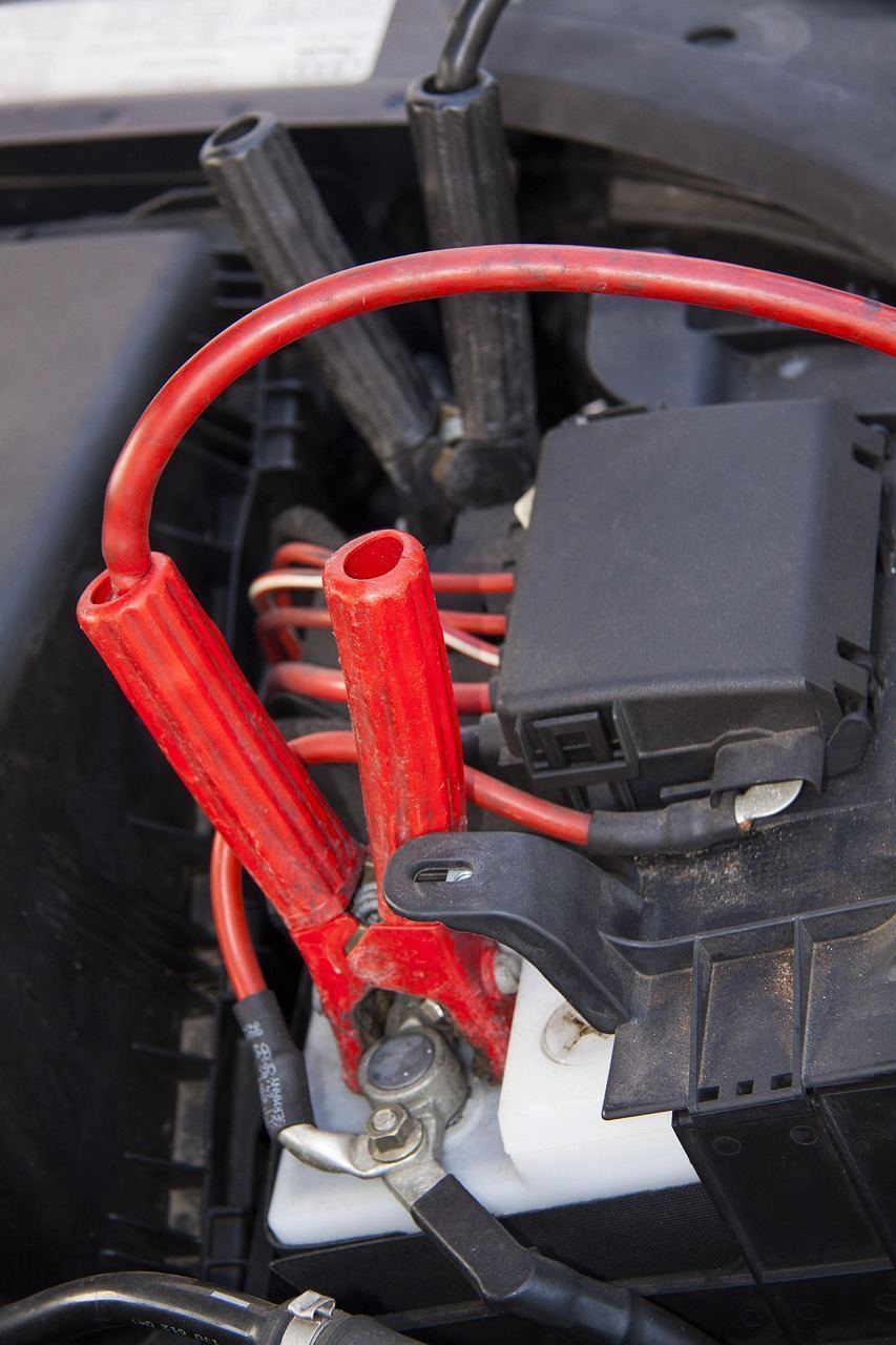 Roadside emergency kit and jumper cables in a car trunk